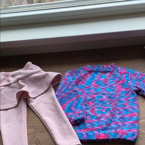 Knitted sweater and warm pant skirt.